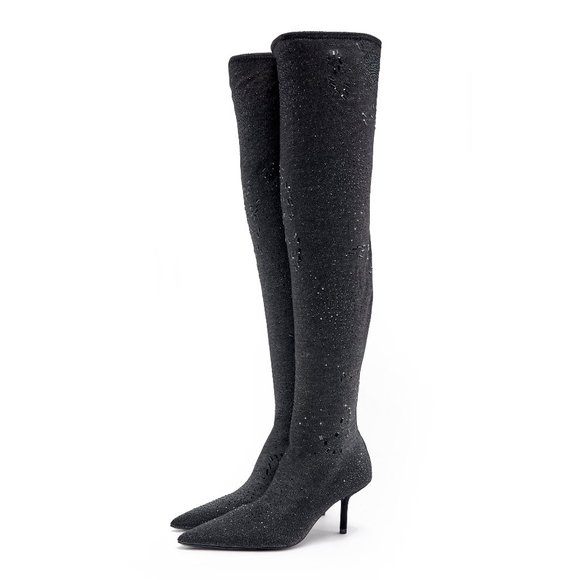 Zara black metallic over the knee point toe kitten heel fabric boots - Picture 1 of 6